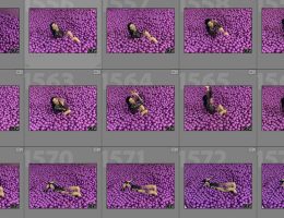 Coco im lila Ballpit im Candyland, umgeben von hunderten Kugeln – Screenshot aus einem ungeordneten Lightroom-Katalog nach einem eskalierten Shooting